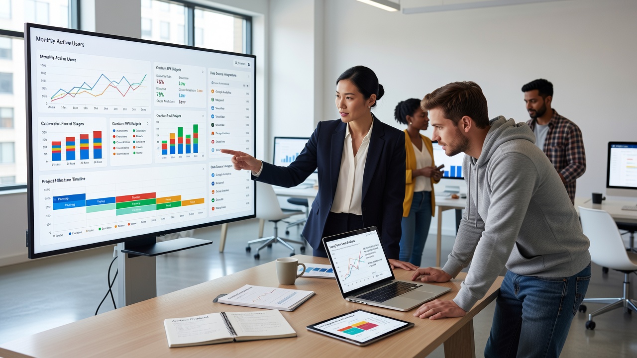 Analytics team reviewing long-term project tracking metrics on a custom dashboard setup